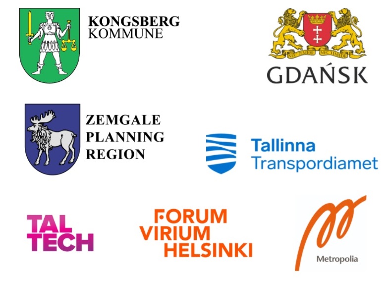 Sohjoa Last Mile partner logos, Kongsberg kommune, Gdansk, Zemgale planning region, Tallinn transport department, TalTech, Forum Virium Helsinki, Metropolia University of Applied Sciences